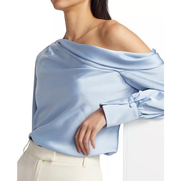 Bobbles & Lace Off the Shoulder Satin Cocktail Dress Shirt Sky Blue Size Small - Picture 1 of 8